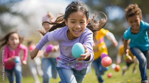 Group of children participating in an Easter egg scavenger hunt, following clues to discover hidden treasures and treats photo