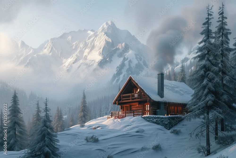 Cozy mountain cabin surrounded by snow-covered pines, smoke rising from chimney.
