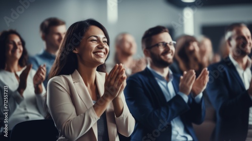 The company's employees clap their hands as a sign of success, support, and achievements. A team of cheerful smiling multiethnic group of people applauds at a briefing, meeting in the office.