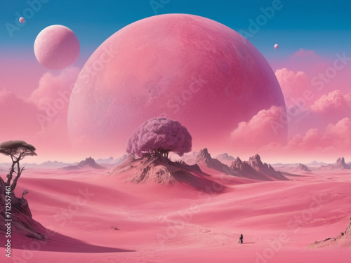 A pink planet with a planet in the background 