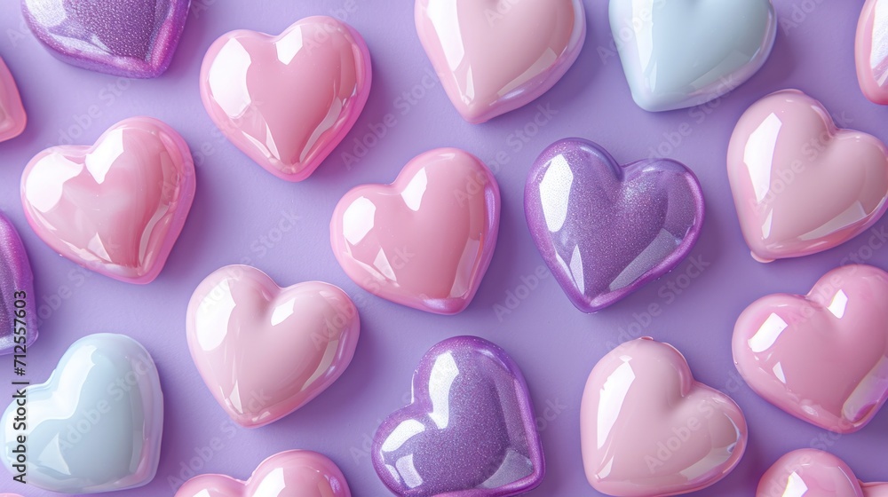  a group of heart shaped candies on a purple surface with pink, blue, and white frosting on them.