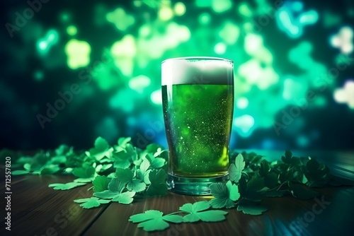 A glass of vibrant green beer set against a backdrop of shamrocks