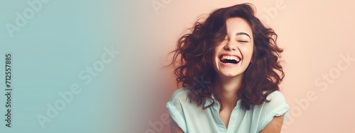 Retain the theme of a smiling young woman on a pastel flat background with copy space, and apply a cinematic filter for a vintage film photography look