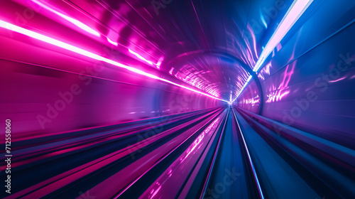 Trails on the highway, Fast underground subway train racing through the tunnels. Neon pink and blue light, Ai generated image