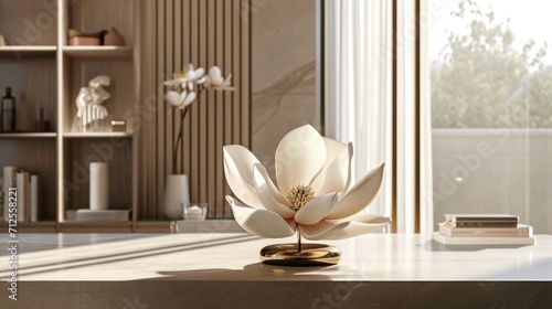  a white flower sitting on top of a table next to a bookshelf with a book case in the background.