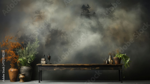 Mystical indoor atmosphere with captivating green smoke fog, creating an enigmatic and atmospheric background for your designs