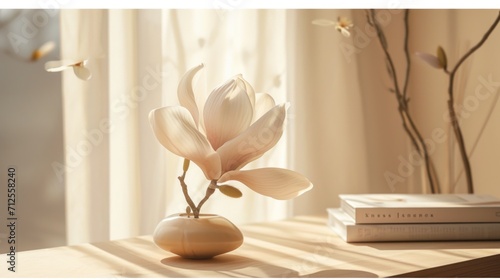  a vase with a flower in it sitting on a table next to a book and a vase with a flower in it.