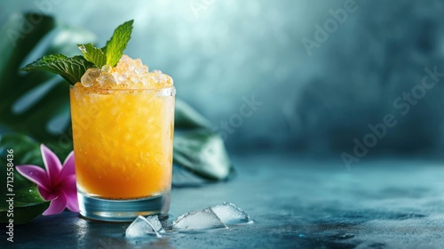  a glass of orange juice with a mint garnish on the rim and ice cubes on the rim.