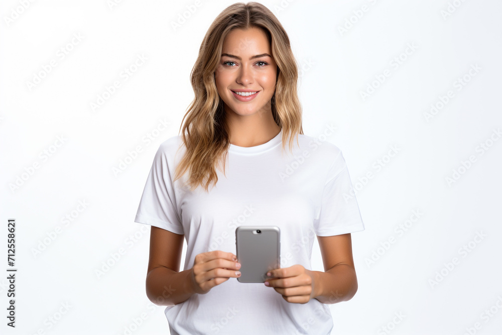 Happy woman with white shirt created with Generative AI Happy woman with white shirt created with Generative AI