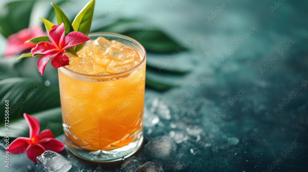 a close up of a drink in a glass with a flower on the top of it and ice on the bottom of the glass. a close up of a drink in a glass with a flower on the top of it and ice on the bottom of the glass.
