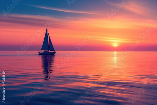 "Vibrant sunset over calm sea, silhouette sailboat on horizon."