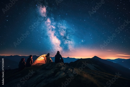 Friends camping, gazing at Milky Way photo