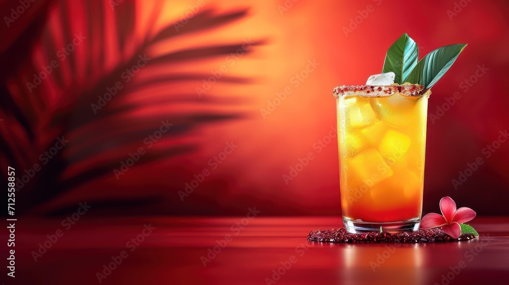a close up of a drink in a glass with a leaf on the rim and a flower on the rim. a close up of a drink in a glass with a leaf on the rim and a flower on the rim.