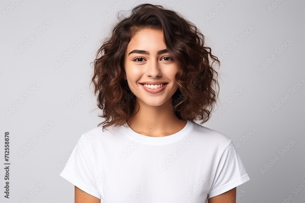 Happy woman with white shirt created with Generative AI Happy woman with white shirt created with Generative AI