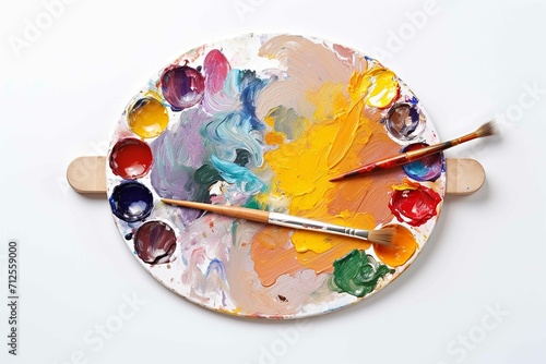 Art Palette With Paints And Brush on white background