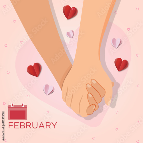 banner del día de san Valentín, 14 de febrero con ilustración de dos manos agarradas con corazones