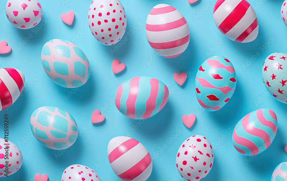 Easter eggs with pink and white spots flat lay in blue decorated pastel peach and pink colors Easter eggs with pink and white spots flat lay in blue decorated pastel peach and pink colors