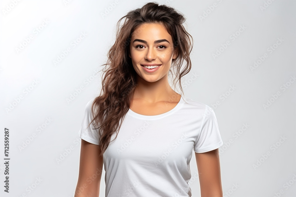 Happy woman with white shirt created with Generative AI Happy woman with white shirt created with Generative AI