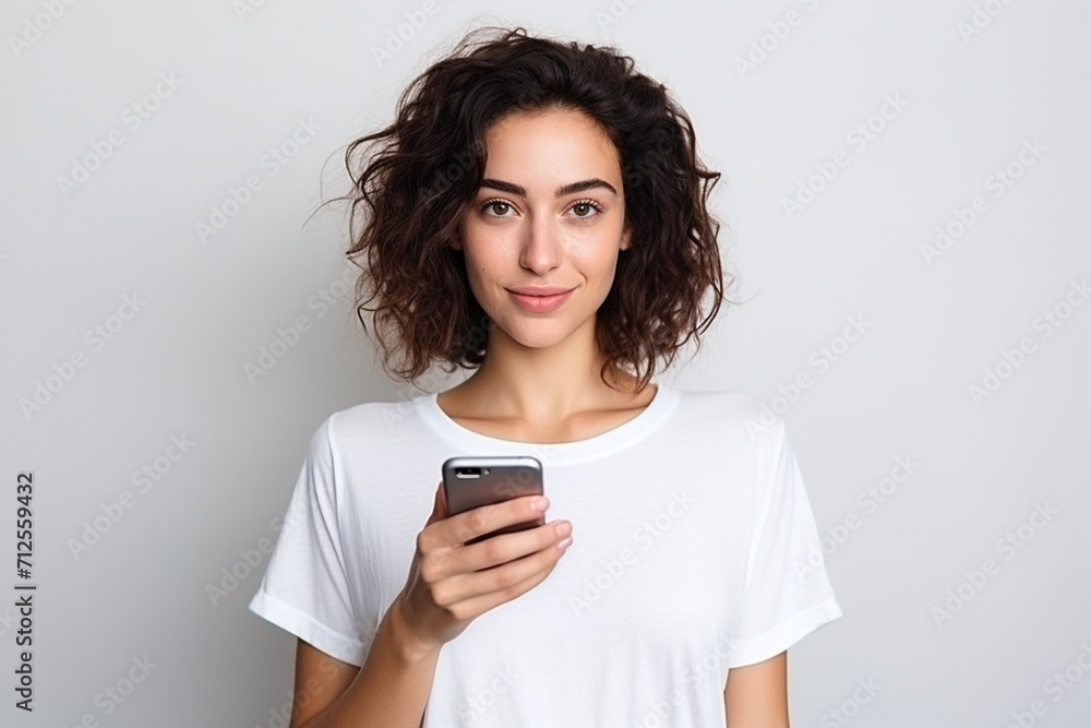 Happy woman with white shirt created with Generative AI Happy woman with white shirt created with Generative AI