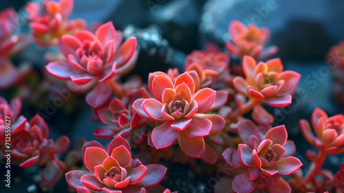 Vibrant red petals of an echeveria succulent capture the essence of nature's delicate beauty in this stunning close-up of an herbaceous saxifragales plant photo