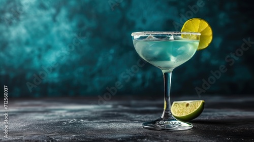  a close up of a drink in a glass with a slice of lemon on the rim and a green background.
