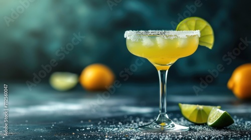  a margarita sitting on top of a table next to a slice of lime and a slice of lime on the side of the glass.