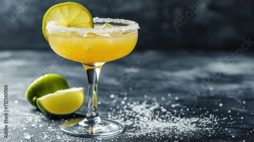  a margarita cocktail garnished with a slice of lime and salt on a dark background with sprinkles. photo