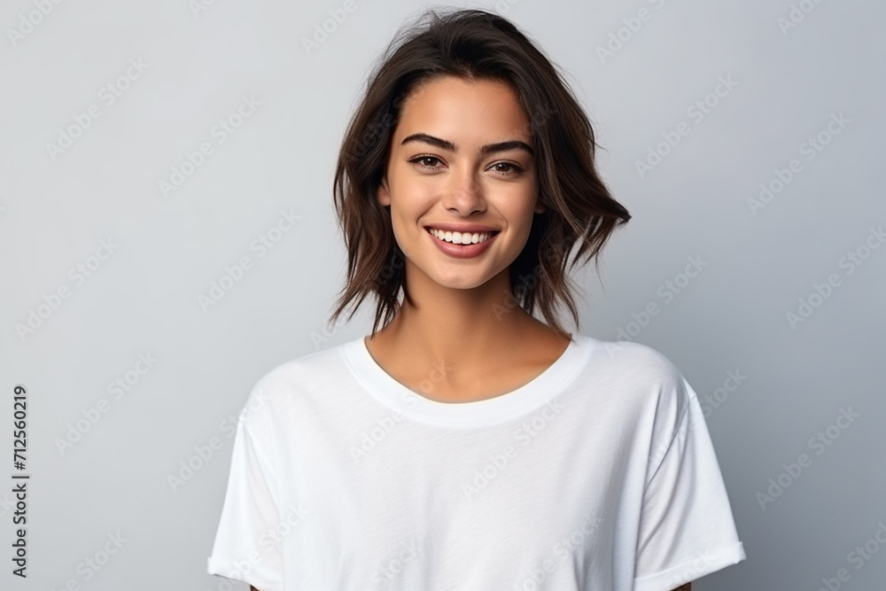 Happy woman with white shirt created with Generative AI Happy woman with white shirt created with Generative AI