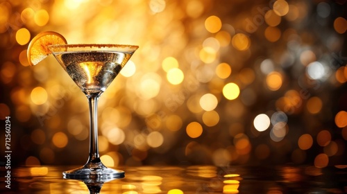  a close up of a drink in a glass with a slice of orange on the rim and a blurry background.