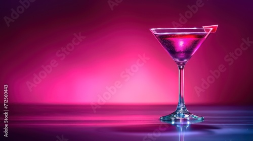  a purple and pink drink in a glass on a purple and pink background with a reflection of the drink in the glass.