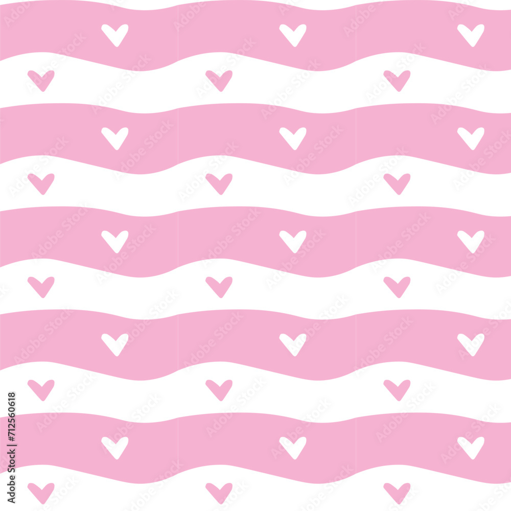 Background with a pink strip with hearts.  Cute Valentine's Day love seamless pattern.