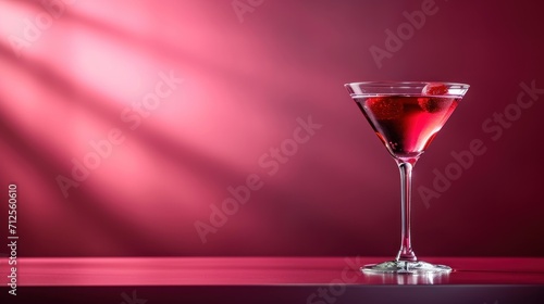  a close up of a wine glass on a table with a wine glass in the foreground and a red wall in the background.