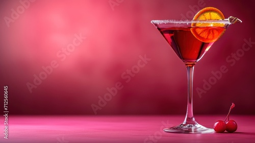  a close up of a drink in a glass with a slice of orange on the rim and a cherry on the rim.