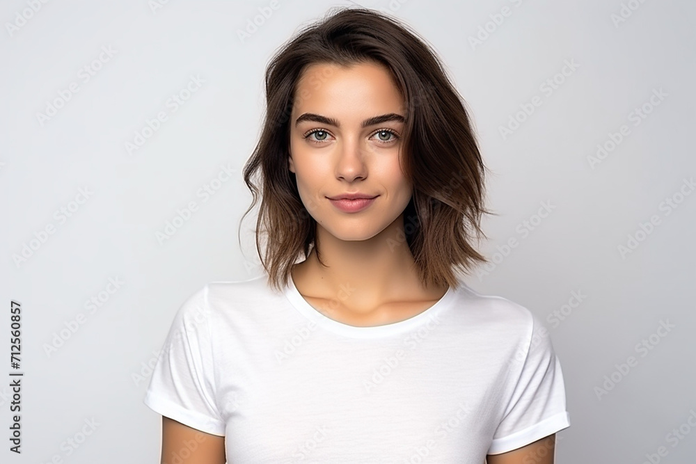 Happy woman with white shirt created with Generative AI Happy woman with white shirt created with Generative AI