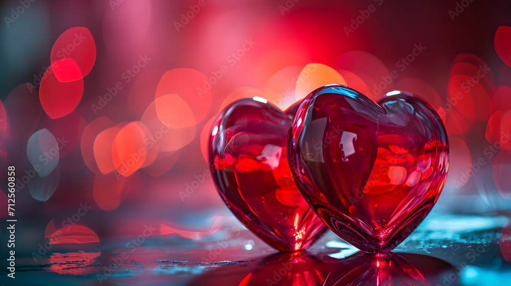 Two glass hearts, one magenta and one red, reflect the light of love on a colorful valentines day table Two glass hearts, one magenta and one red, reflect the light of love on a colorful valentines day table
