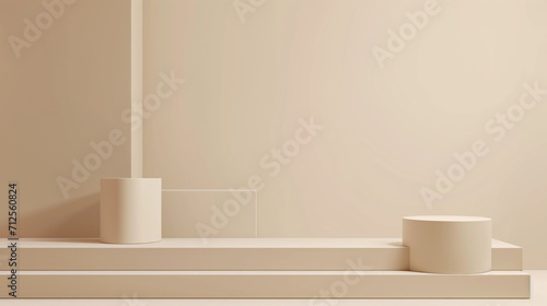 White room with wall, Minimal abstract background for branding and product presentation. Beige subtle geometric on beige background. 3d rendering illustration. Clipping path of each element, Ai