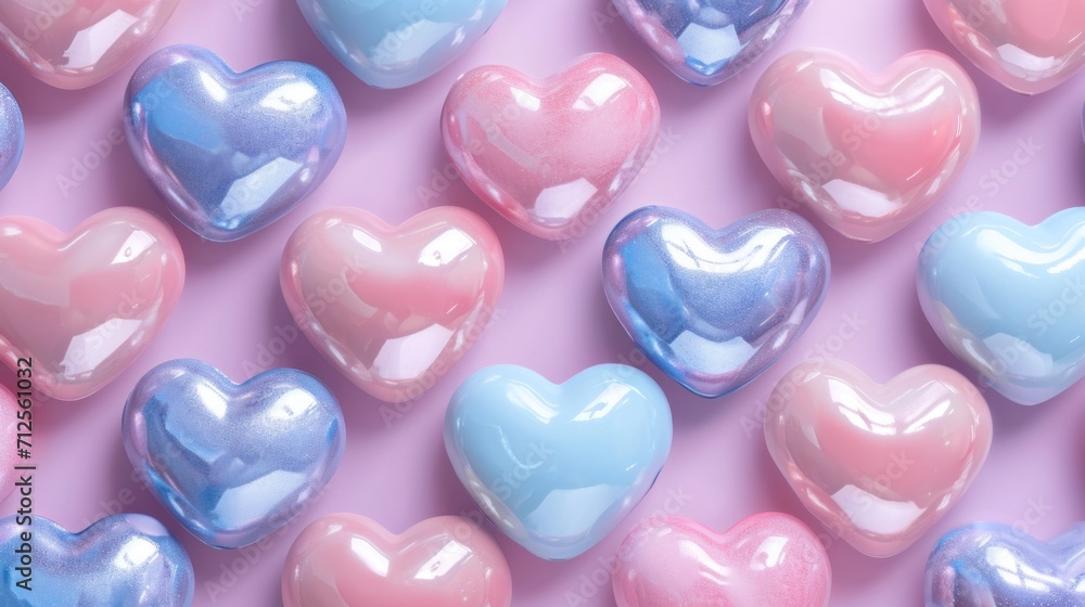  a group of heart shaped candies sitting on top of a pink and blue surface with pastel blue, pink, and purple colors.