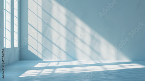Modern architecture interior, Minimal abstract light blue background for product presentation. Shadow and light from windows on plaster wall, Ai generated image