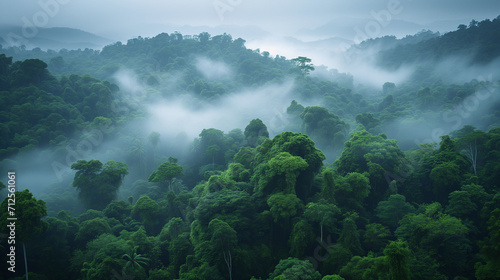 Fog in the mountains, Misty morning in the forest, Misty morning in the mountains, Mist Surround Pristine Rainforest, Ai generated image  © FH Multimedia