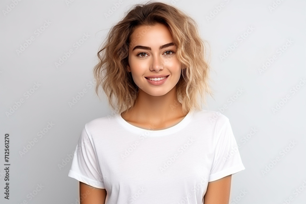 Happy woman with white shirt created with Generative AI Happy woman with white shirt created with Generative AI
