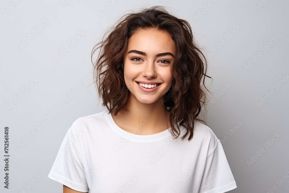Happy woman with white shirt created with Generative AI Happy woman with white shirt created with Generative AI