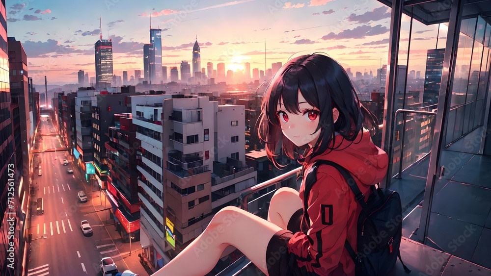 Anime girl sitting on the roof of a multi-story building, anime wallpaper, PC wallpaper - obrazy, fototapety, plakaty 