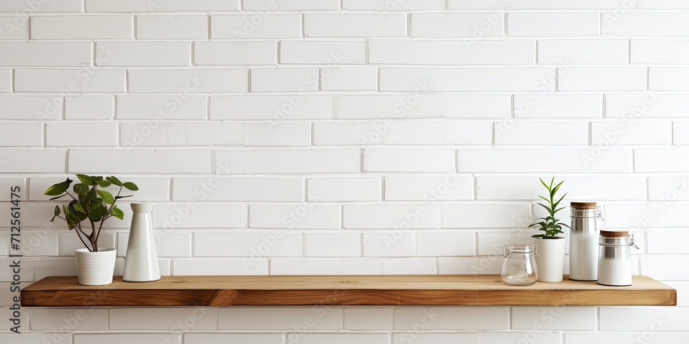White brick wall and wooden plank shelves for displaying products. White brick wall and wooden plank shelves for displaying products.
