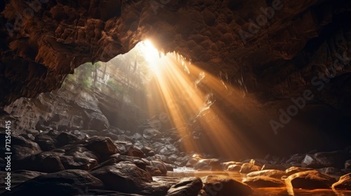 beautiful cave with a small pool of water and a ray of sun entering from above in high resolution and quality
