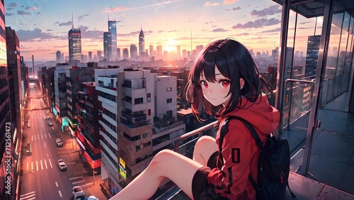 Fototapeta Anime girl sitting on the roof of a multi-story building, anime wallpaper, PC wallpaper