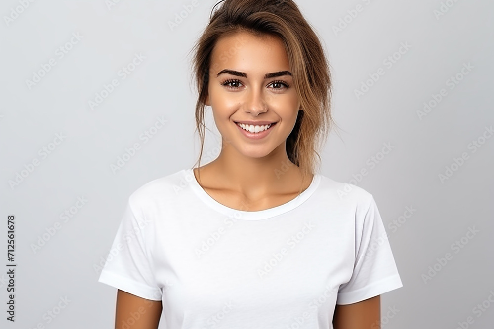Happy woman with white shirt created with Generative AI Happy woman with white shirt created with Generative AI