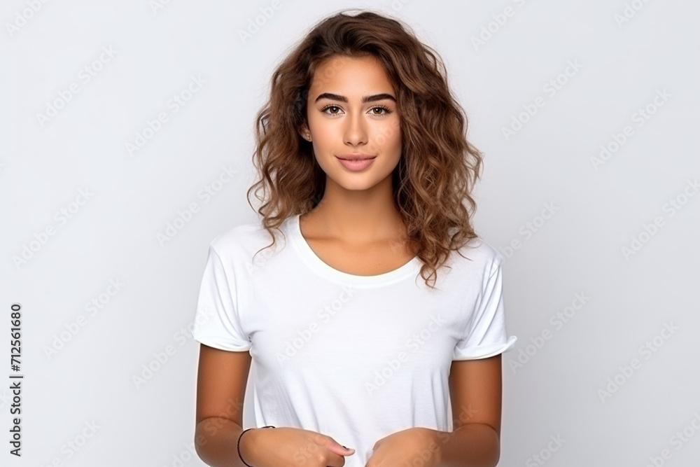 Fototapeta premium Happy woman with white shirt created with Generative AI