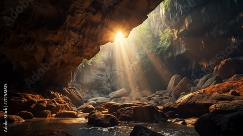 beautiful cave with a small pool of water photo