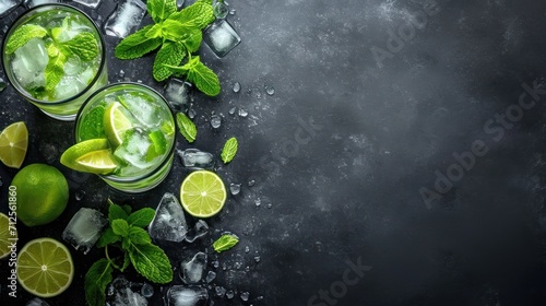  two glasses of mojito with limes and mints on a dark background with ice cubes and mints.