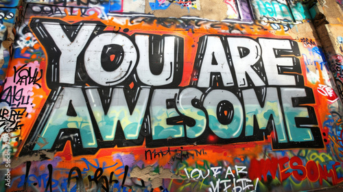 Graffiti wall background with text message YOU ARE AWESOME and paint splashes